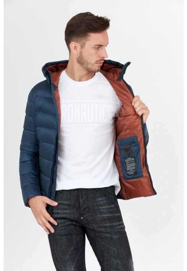 Blauer USA - BLAUER Morska puchowa kurtka męska z kapturem, Rozmiar XXL. Typ kołnierza: kaptur. Kolor: niebieski. Materiał: puch