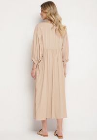 Born2be - Beżowa Rozkloszowana Sukienka z Wiskozy z Wiązaniem przy Dekolcie Tilania. Okazja: na co dzień. Kolor: beżowy. Materiał: wiskoza. Styl: casual #7