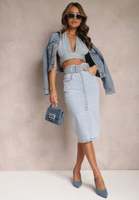 Renee - Jasnoniebieska Jeansowa Spódnica Ołówkowa Midi z Guzikami i Rozcięciem Jackiesa. Kolor: niebieski. Materiał: jeans