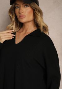 Renee - Czarny Komplet z Prążkowanej Dzianiny z Wiskozą Sweter z Kołnierzem i Szerokie Spodnie Leanisela. Kolor: czarny. Materiał: dzianina, wiskoza, prążkowany. Wzór: aplikacja #3