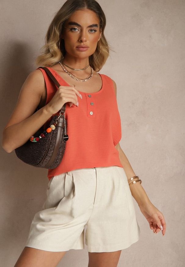 Renee - Pomarańczowy Top z Bawełną Ozdobiony Guzikami Ulosiella. Okazja: na co dzień, na spacer. Kolor: pomarańczowy. Materiał: bawełna. Wzór: aplikacja. Sezon: lato. Styl: casual, elegancki