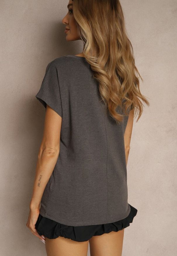 Renee - Ciemnoszary T-shirt z Bawełny z Dekoltem w Serek Linithiela. Okazja: na co dzień. Typ kołnierza: dekolt w serek. Kolor: szary. Materiał: bawełna. Styl: casual