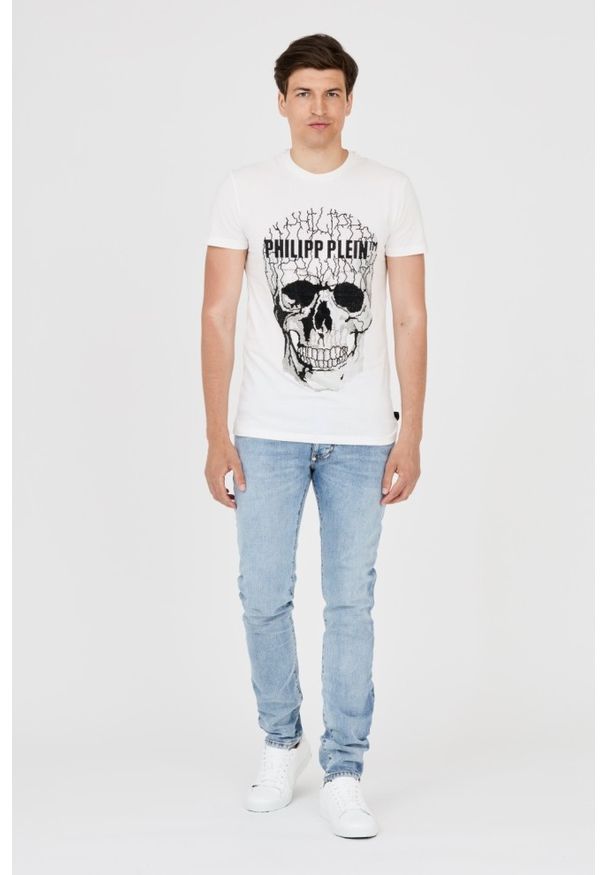 Philipp Plein - PHILIPP PLEIN Męski t-shirt biały z popękaną czaszką, Rozmiar XXL. Kolor: biały