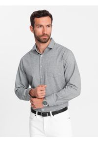 Ombre Clothing - Koszula męska z kieszenią REGULAR FIT - szary melanż V3 - Rozmiar: XXL. Kolor: szary. Materiał: poliester, bawełna. Długość rękawa: długi rękaw. Długość: długie. Wzór: melanż #4