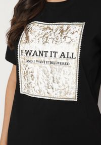 Born2be - Czarny Bawełniany T-shirt Ozdobiony Nadrukiem Nelltaria. Okazja: na co dzień. Kolor: czarny. Materiał: bawełna. Wzór: aplikacja, nadruk. Sezon: lato, wiosna. Styl: elegancki, casual #4