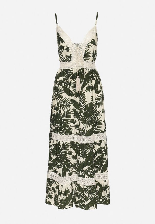 Born2be - Jasnobeżowa Bawełniana Sukienka Rozkloszowana z Koronką w Tropikalny Wzór Alusela. Okazja: na co dzień. Typ kołnierza: dekolt w serek. Kolor: beżowy. Materiał: koronka, bawełna. Długość rękawa: na ramiączkach. Wzór: koronka. Typ sukienki: rozkloszowane. Styl: elegancki, casual