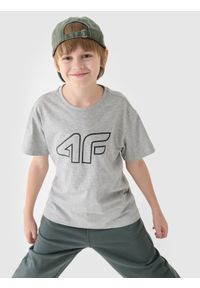 4f - T-shirt z nadrukiem chłopięcy - szary. Okazja: na co dzień. Kolor: szary. Materiał: wiskoza, dzianina, bawełna, materiał, jersey. Wzór: nadruk. Styl: casual, klasyczny, sportowy #1