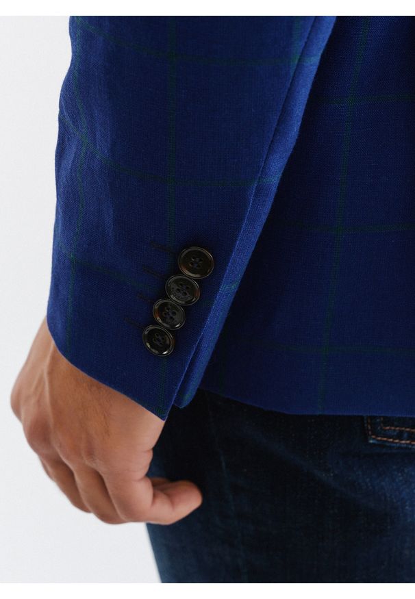 Pako Lorente - PAKO LORENTE – Granatowa casualowa marynarka męska w zieloną kratę. Okazja: na co dzień. Kolor: niebieski, zielony, wielokolorowy. Materiał: wełna, len. Sezon: lato. Styl: casual