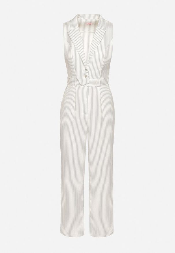 Born2be - Biały Kombinezon w Garniturowym Stylu w Drobne Paski Sarisse. Okazja: na co dzień, na spacer. Kolor: biały. Wzór: paski. Styl: klasyczny, casual, elegancki