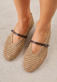 Renee - Brązowe Boho Balerinki w Stylu Mary Jane z Plecioną Cholewką Berinyra. Okazja: na co dzień. Zapięcie: pasek. Kolor: brązowy. Materiał: jeans, len. Szerokość cholewki: normalna. Obcas: na płaskiej podeszwie. Styl: boho #1