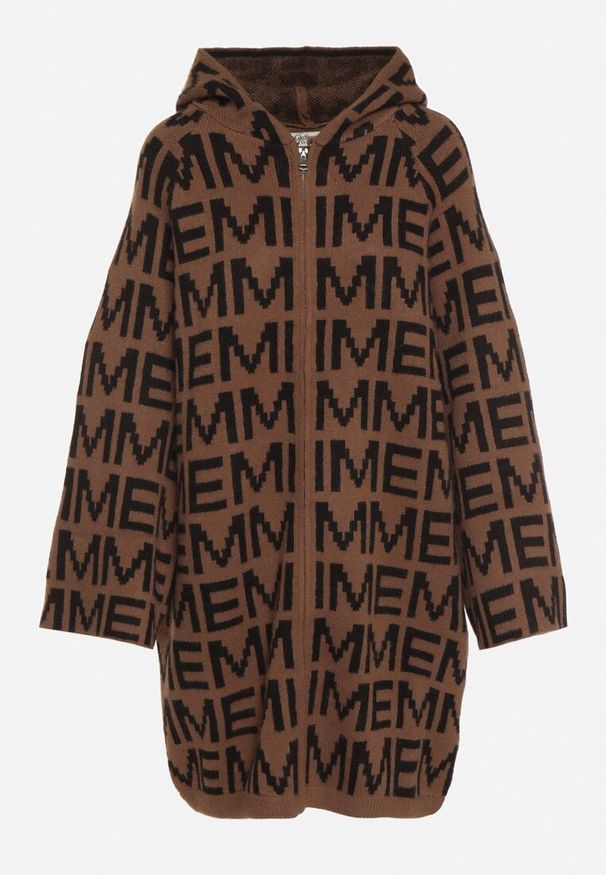 Born2be - Brązowo-Czarny Rozpinany Kardigan z Kapturem z Motywem Liter Belletusa. Okazja: na co dzień. Typ kołnierza: kaptur. Kolor: brązowy. Materiał: jeans. Styl: casual