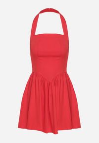 Born2be - Czerwona Rozkloszowana Sukienka Vices z Paskiem na Szyję Nelimira. Okazja: na co dzień. Kolor: czerwony. Wzór: aplikacja. Styl: casual, elegancki #3