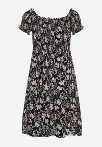 Born2be - Granatowa Bawełniana Sukienka z Dekoltem Typu Hiszpanka i Lekką Falbanką Hannesia. Okazja: na co dzień. Typ kołnierza: dekolt hiszpanka. Kolor: niebieski. Materiał: bawełna. Sezon: wiosna, lato. Styl: elegancki, casual. Długość: mini #4