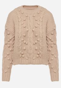 Born2be - Beżowy Sweter z Wełną i Bawełną Ozdobiony Grubym Splotem Numike. Okazja: do pracy. Kolor: beżowy. Materiał: wełna, bawełna. Wzór: aplikacja, ze splotem. Sezon: zima, jesień. Styl: klasyczny, elegancki