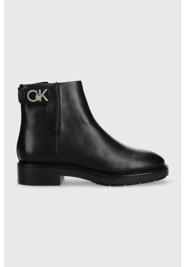 Calvin Klein botki skórzane Rubber Sole Ankle Boot damskie kolor czarny na płaskim obcasie. Nosek buta: okrągły. Kolor: czarny. Materiał: guma. Obcas: na obcasie. Wysokość obcasa: niski