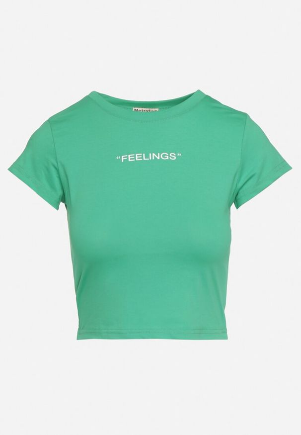 Born2be - Zielony Dopasowany T-shirt Cropped z Napisem z Pzodu Yaloena. Okazja: na co dzień. Kolor: zielony. Materiał: jeans, materiał. Wzór: napisy. Styl: casual, elegancki, wizytowy