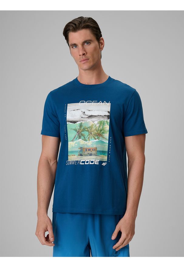 4f - 4F T-shirt regular z nadrukiem męski - turkusowy XL. Okazja: na co dzień. Kolor: turkusowy. Materiał: bawełna, dzianina. Wzór: nadruk. Styl: klasyczny, wakacyjny, casual