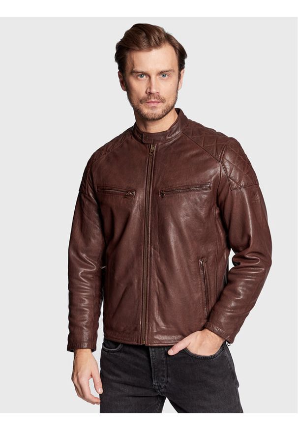 Kurtka skórzana Pepe Jeans. Kolor: brązowy. Materiał: skóra
