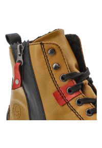 Botki damskie Rieker, za kostkę na platformie z okrągłym noskiem ocieplane i na zamek, żółte, 55024-68. Okazja: na co dzień. Nosek buta: okrągły. Zapięcie: zamek, sznurówki. Kolor: żółty. Szerokość cholewki: normalna. Wysokość cholewki: za kostkę. Materiał: materiał, skóra ekologiczna. Obcas: na platformie. Styl: casual, sportowy #3