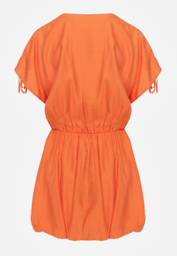 Born2be - Pomarańczowa Sukienka Typu Bombka Ozdobiona Wiązaniami przy Ramionach Cassara. Okazja: na co dzień, na spacer. Kolor: pomarańczowy. Materiał: mesh. Wzór: aplikacja. Typ sukienki: bombki. Styl: casual, elegancki