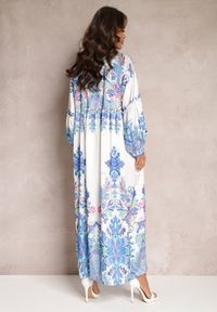Renee - Biało-Niebieska Koszulowa Sukienka Maxi Oversize w Kwiatowy Wzór Amirsa. Kolor: biały. Wzór: kwiaty. Typ sukienki: koszulowe, oversize. Długość: maxi