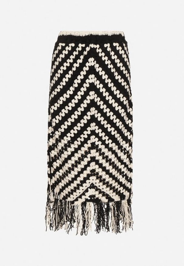Born2be - Czarna Ołówkowa Spódnica z Bawełną z Frędzlami Zimarelle. Okazja: na co dzień. Kolor: czarny. Materiał: bawełna. Styl: elegancki, casual