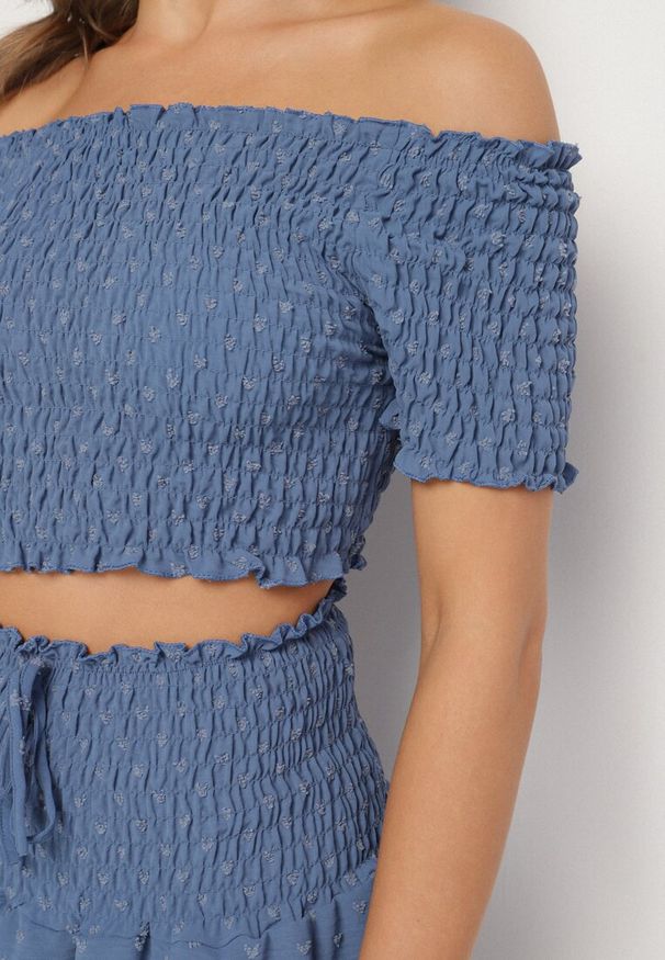 Born2be - Niebieski Komplet Top w Stylu Hiszpanki i Spódnico-Szorty z Gumką Quillatta. Kolor: niebieski. Materiał: tkanina
