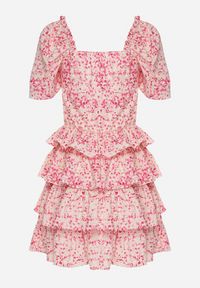 Born2be - Różowa Rozkloszowana Sukienka z Bufkami w Rękawach w Drobny Print z Falbankami Tineria. Okazja: na co dzień. Typ kołnierza: kołnierz z falbankami. Kolor: różowy. Wzór: nadruk. Typ sukienki: proste. Styl: casual #6