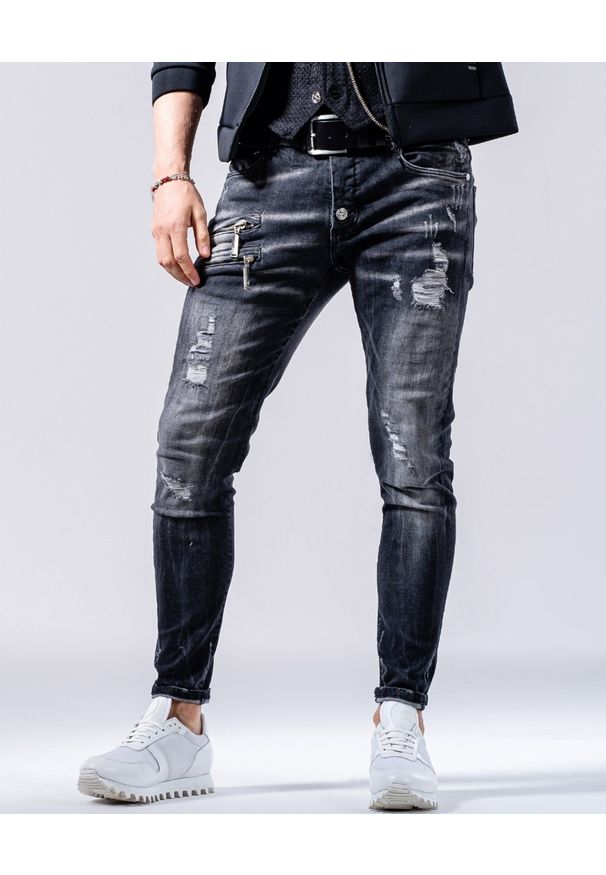 GUNS & TUXEDOS - Szare spodnie jeansowe z dziurami Low Rider. Kolor: szary. Styl: elegancki