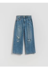 Reserved - Jeansy wide leg z przetarciami - niebieski. Kolor: niebieski