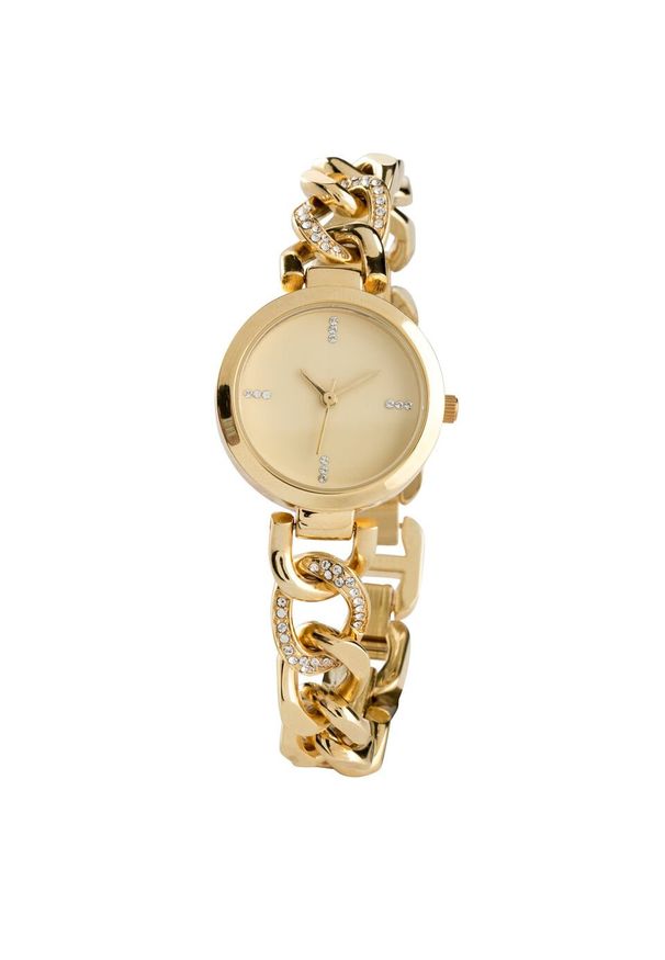 Zegarek na metalowej bransoletce z ozdobnymi kryształkami bonprix złoty kolor. Kolor: złoty