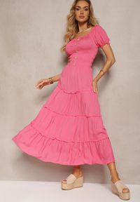 Renee - Fuksjowa Rozkloszowana Sukienka Maxi z Hiszpańskim Dekoltem Kailra. Kolor: różowy. Długość: maxi #5