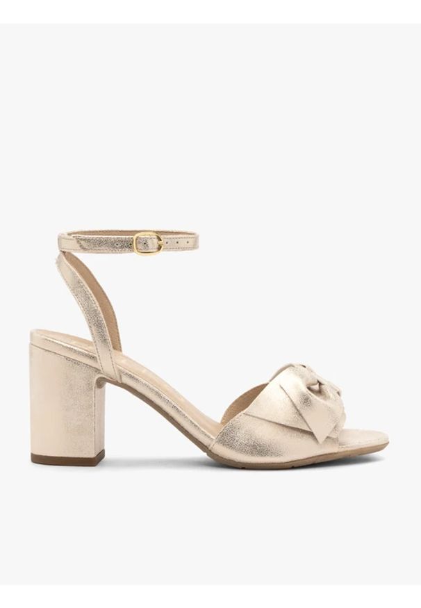 Ryłko - Platynowe sandały damskie na obcasie. Zapięcie: sprzączka. Kolor: szary. Materiał: syntetyk. Sezon: lato. Obcas: na obcasie. Styl: street. Wysokość obcasa: średni