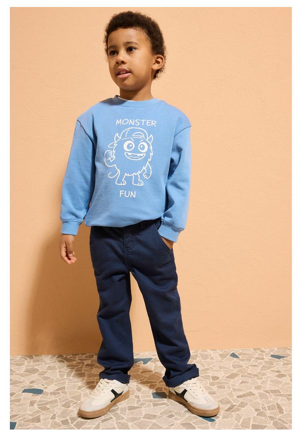 bonprix - Spodnie chinosy slim fit z regulowaną talią, straight. Kolor: niebieski