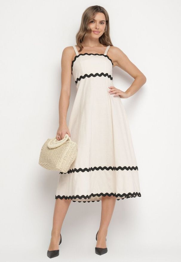 Born2be - Beżowa Sukienka z Bawełną Wiskozą na Ramiączkach z Lamówką Ilanise. Okazja: na co dzień, na spacer. Kolor: beżowy. Materiał: wiskoza, bawełna. Długość rękawa: na ramiączkach. Wzór: aplikacja. Sezon: lato. Typ sukienki: proste. Styl: elegancki, casual