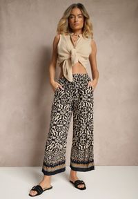 Renee - Granatowe Szerokie Spodnie Culottes z Bawełny w Ornamentalny Print Lisanella. Okazja: na co dzień, na spacer. Kolor: niebieski. Materiał: bawełna. Wzór: nadruk. Styl: casual, elegancki