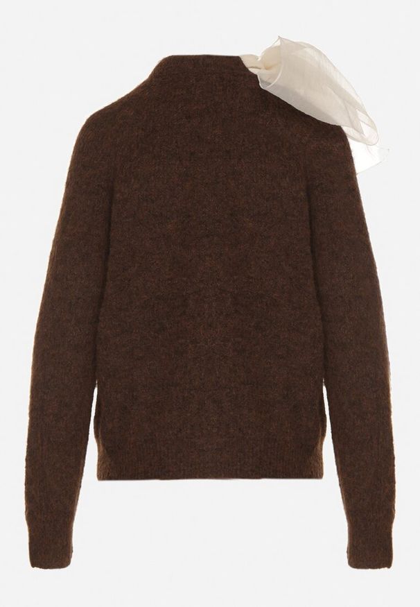 Born2be - Brązowy Sweter z Domieszką Wełny z Ozdobnym Wiązaniem Tuselana. Okazja: na co dzień. Kolor: brązowy. Materiał: wełna. Wzór: aplikacja. Styl: elegancki, casual, klasyczny