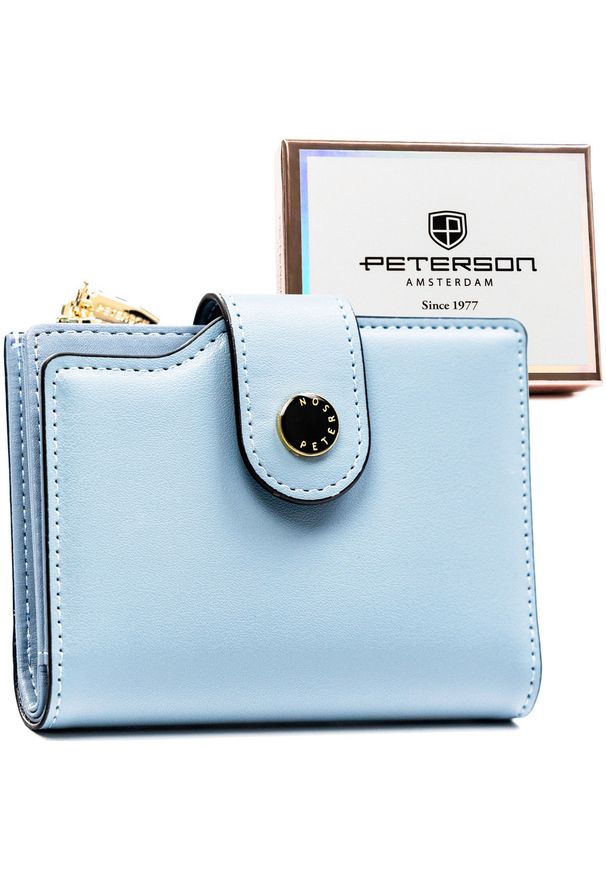 Średni portfel damski ze skóry ekologicznej w niebieskim kolorze, mieści dowód rejestracyjny PTN 012-JK6 Peterson. Kolor: niebieski. Materiał: skóra ekologiczna