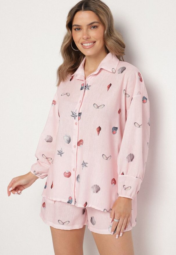 Born2be - Różowy Komplet z Wiskozą Koszula i Szorty z Motywem Morskim Reivienne. Kolor: różowy. Materiał: wiskoza. Wzór: aplikacja