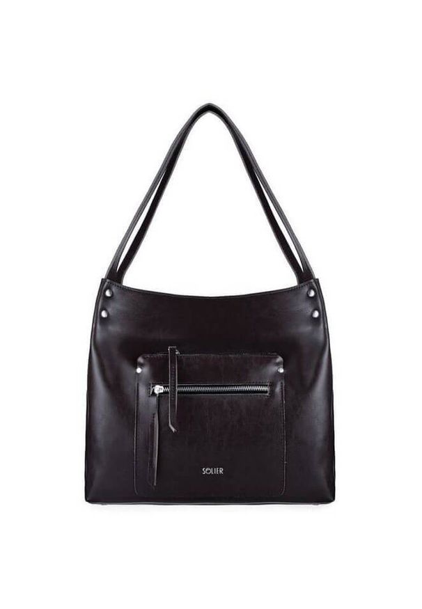 Skórzana torba damska shopper bag czarna Solier. Kolor: czarny. Materiał: skórzane. Styl: elegancki. Rodzaj torebki: na ramię