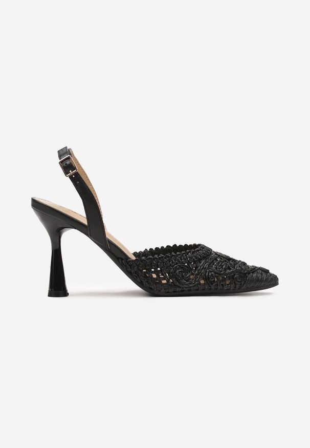 Renee - Czarne Sandały Slingback na Klepsydrowej Szpilce ze Szpiczastym Noskiem z Plecionki Ucemia. Nosek buta: szpiczasty. Kolor: czarny. Materiał: len. Sezon: lato. Obcas: na obcasie. Styl: elegancki, wizytowy. Wysokość obcasa: średni