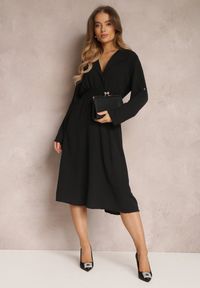 Renee - Czarna Koszulowa Sukienka Midi z Gumką w Pasie Natelin. Kolor: czarny. Typ sukienki: koszulowe. Styl: elegancki. Długość: midi #4
