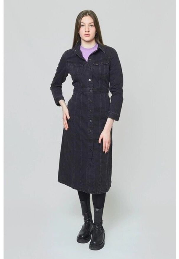 Lee - LEE LONGSLEEVE DRESS DAMSKA SUKIENKA JEANSOWA BLACK DUNS L50LNECY. Materiał: jeans. Długość rękawa: długi rękaw