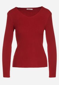 Born2be - Bordowy Dopasowany Sweter z Prążkowanej Dzianiny z Bawełną z Dekoltem w Serek Tesma. Okazja: na co dzień. Typ kołnierza: dekolt w serek. Kolor: czerwony. Materiał: dzianina, bawełna, prążkowany. Długość rękawa: długi rękaw. Długość: długie. Styl: casual, elegancki #5