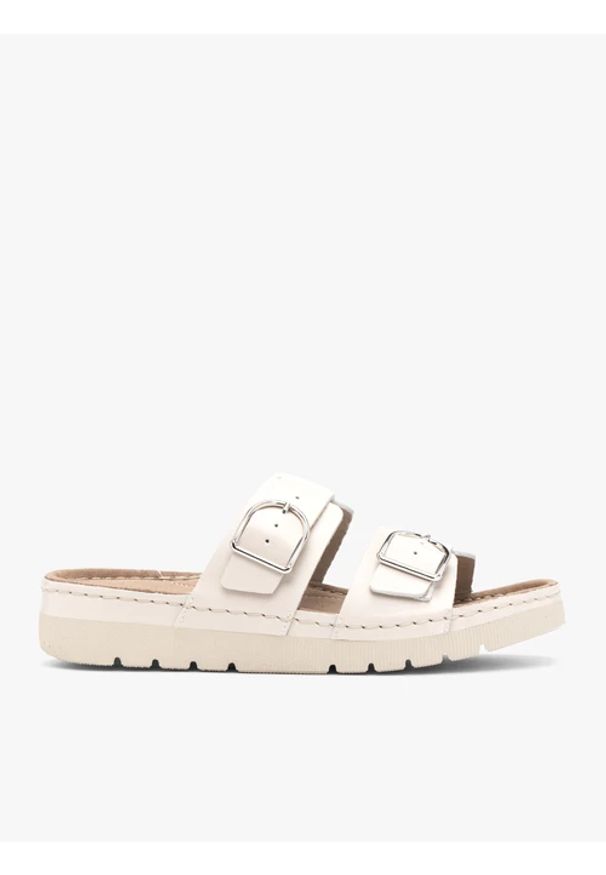 Ryłko - Kremowe klapki z dwoma paskami. Nosek buta: okrągły. Kolor: beżowy. Materiał: skóra. Wzór: paski. Styl: street, klasyczny, elegancki