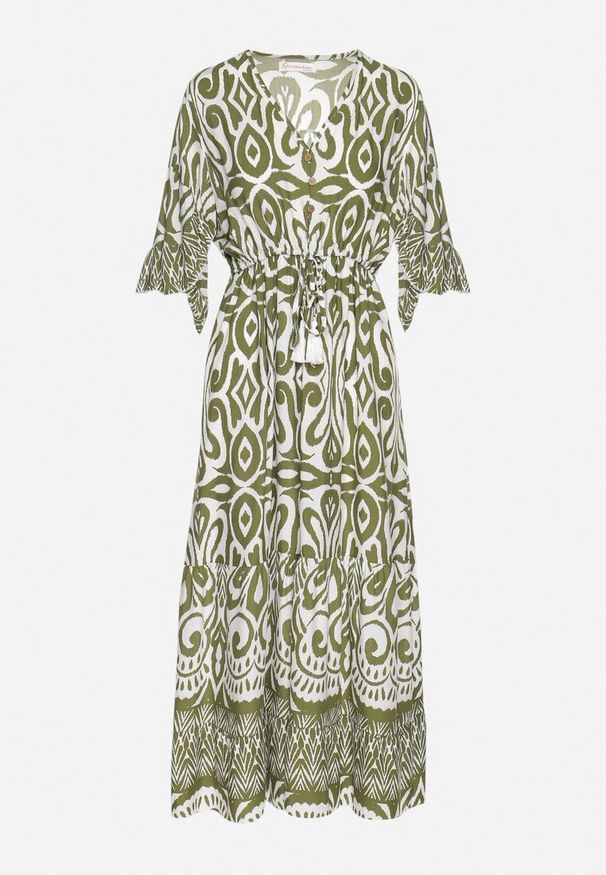 Born2be - Zielona Sukienka Bawełniana w Ornamentalny Wzór z Gumką w Talii Orrielle. Okazja: na co dzień. Typ kołnierza: dekolt w serek. Kolor: zielony. Materiał: bawełna. Typ sukienki: sportowe. Styl: sportowy, casual