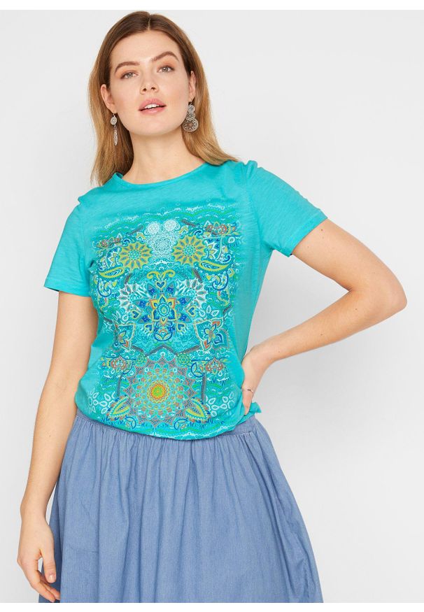bonprix - T-shirt z czystej bawełny. Kolor: niebieski. Materiał: bawełna. Wzór: nadruk