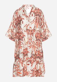 Born2be - Czerwona Rozkloszowana Sukienka z Lnem z Metalicznym Nadrukiem Filasenia. Okazja: na spacer. Typ kołnierza: kołnierz z falbankami, dekolt w kształcie V. Kolor: czerwony. Materiał: len. Wzór: nadruk. Sezon: lato. Styl: elegancki #3