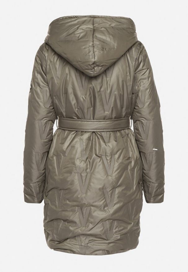 Born2be - Zielona Kurtka z Pikowanymi Przeszyciami Kapturem i Wiązanym Paskiem Erlexie. Okazja: do pracy, na spacer, na co dzień, na spotkanie biznesowe. Kolor: zielony. Materiał: dzianina, jeans. Styl: casual, klasyczny, biznesowy