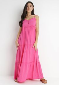 Born2be - Fuksjowa Sukienka Cilaris. Kolor: różowy. Materiał: tkanina, wiskoza. Długość rękawa: na ramiączkach. Wzór: gładki. Sezon: wiosna, lato. Typ sukienki: rozkloszowane. Długość: maxi #1
